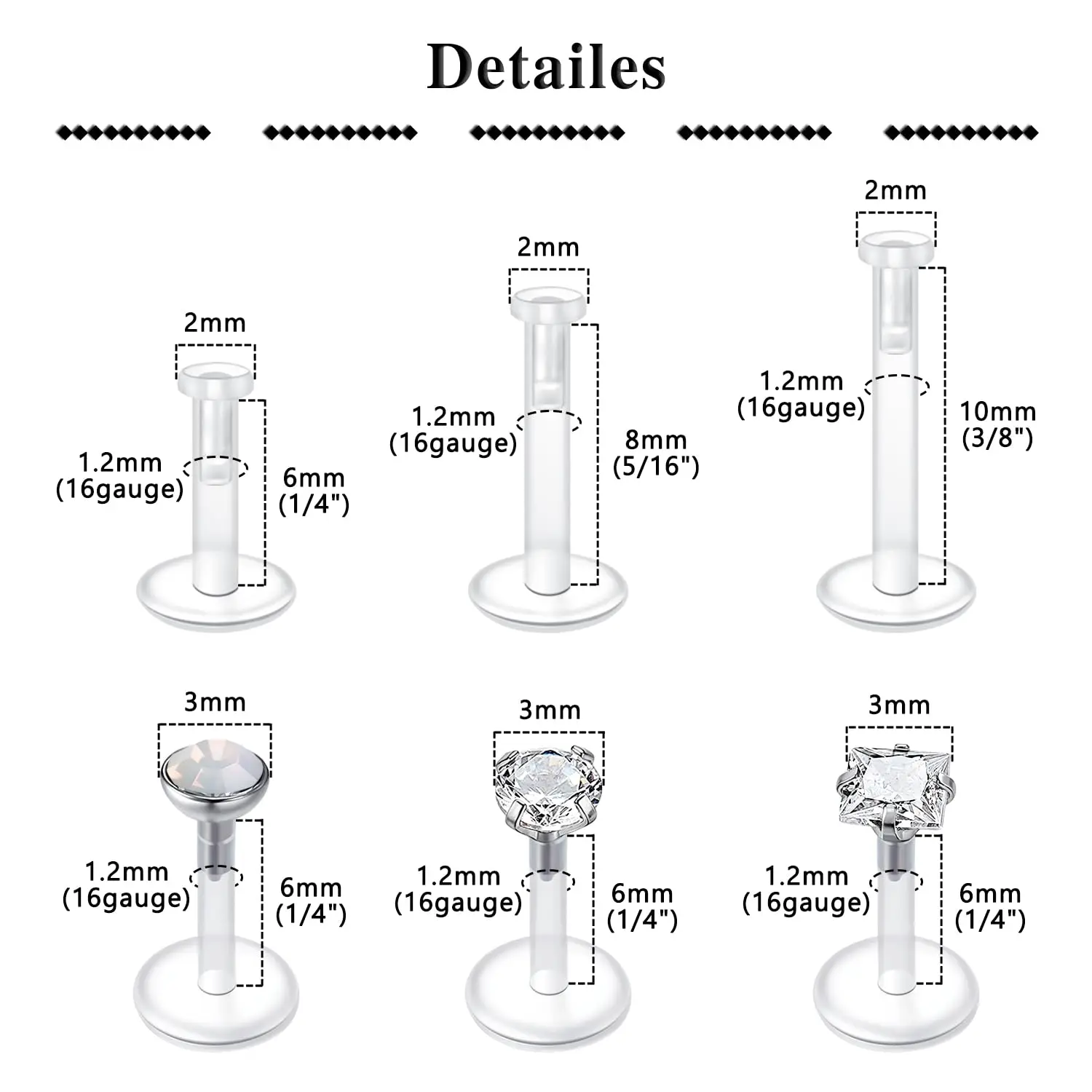 16G Clear Lip Rings Studs Plastic Piercing Jewelry Push in Cartilage Earring Tragus Earrings Threadless Earrings 6mm 8mm 10mm
