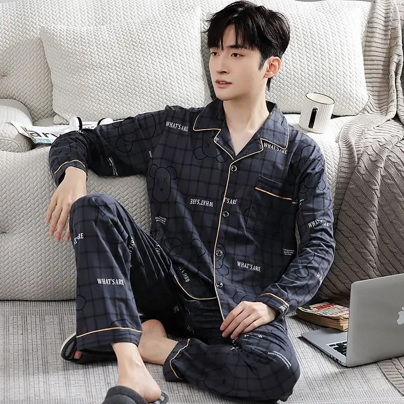 Fall 100% Cotton Pajamas Men\'s Comfortable Long-sleeved Plus Size Home Wear Suit Teenagers Leisure Outdoor Can Be Worn Outside