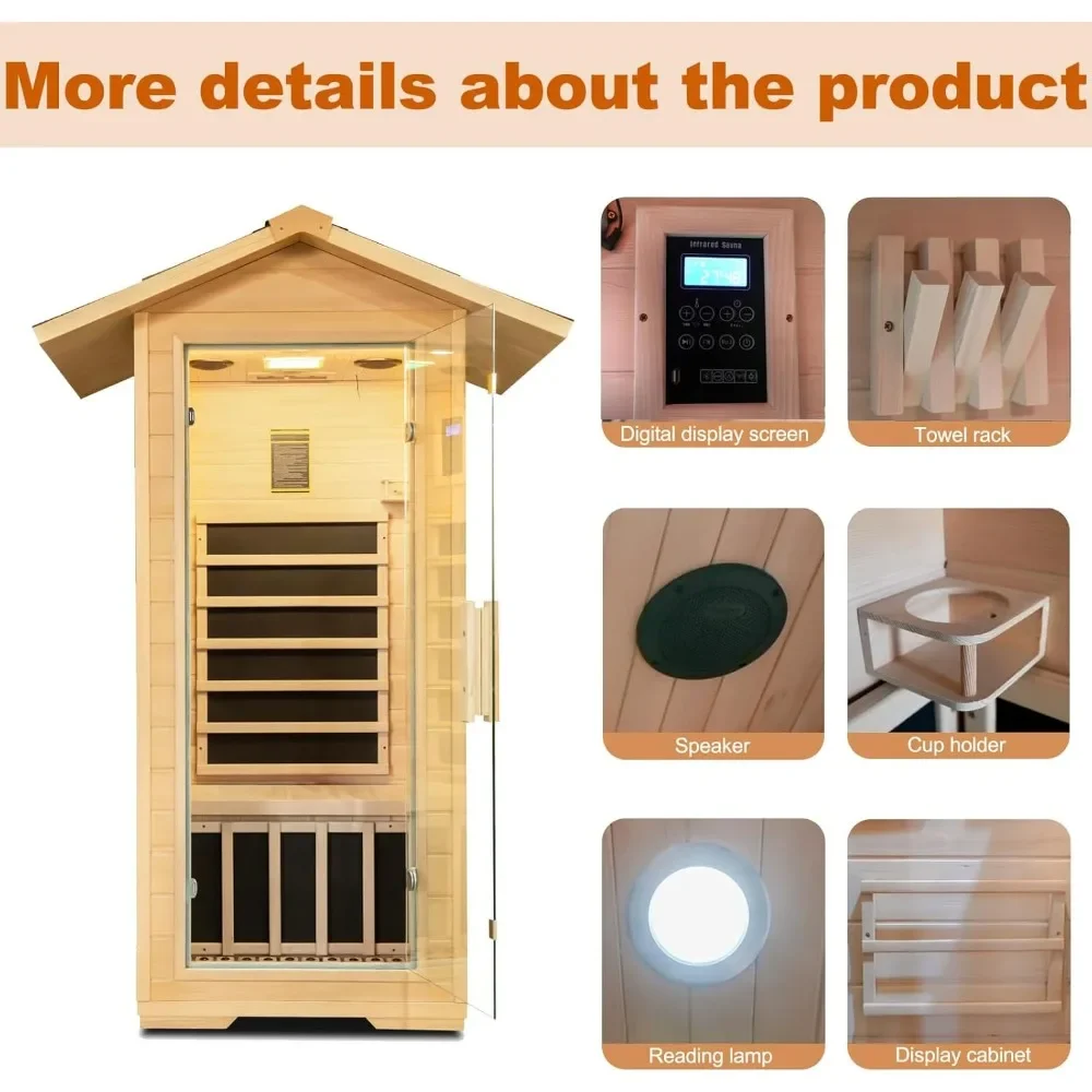 Sauna infrarroja lejana para exteriores para 1 persona, Sauna interior para el hogar de madera con dobladillo canadiense, Sauna seca de 1400W, habitación Personal con altavoces, lámpara LED