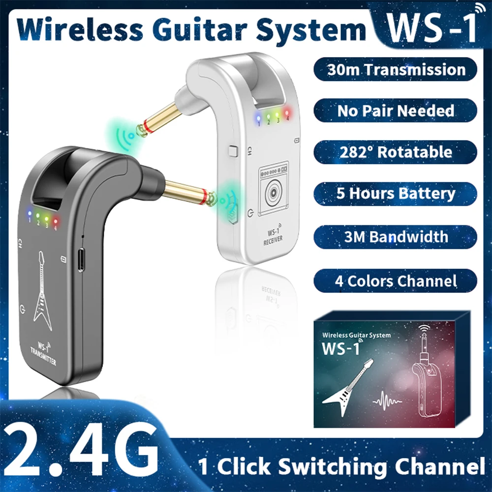 WS-1 2.4GHz Wireless Guitar System Rechargeable Audio Transmitter and Receiver 4 Channels 30m Transmission 282º Rotatable Head