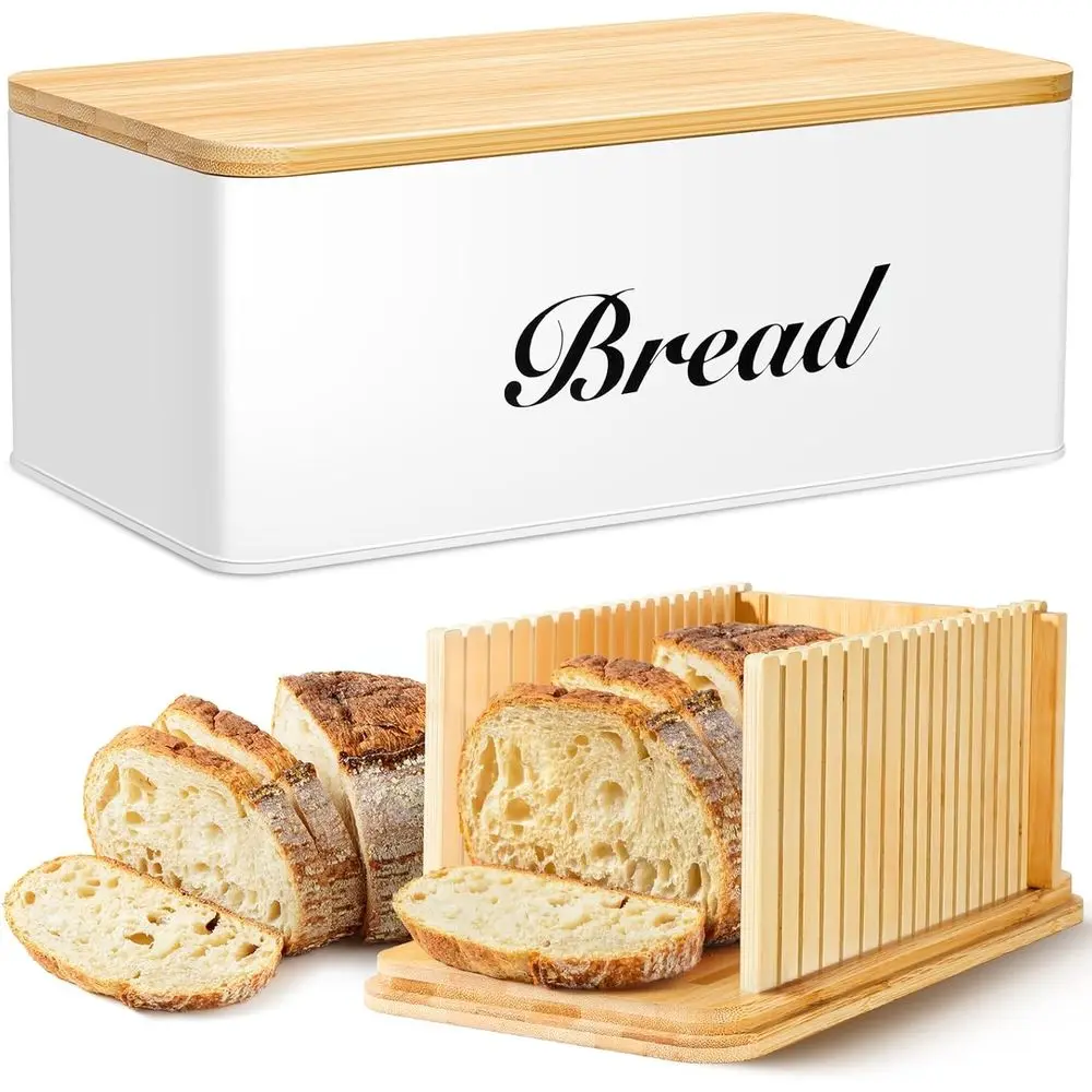 

Bread Slicer or Homemade Bread with Box, White Bread Storage or Kitchen Countertop with 3 in 1 Bamboo Lid, Bread Loa Slicers hin