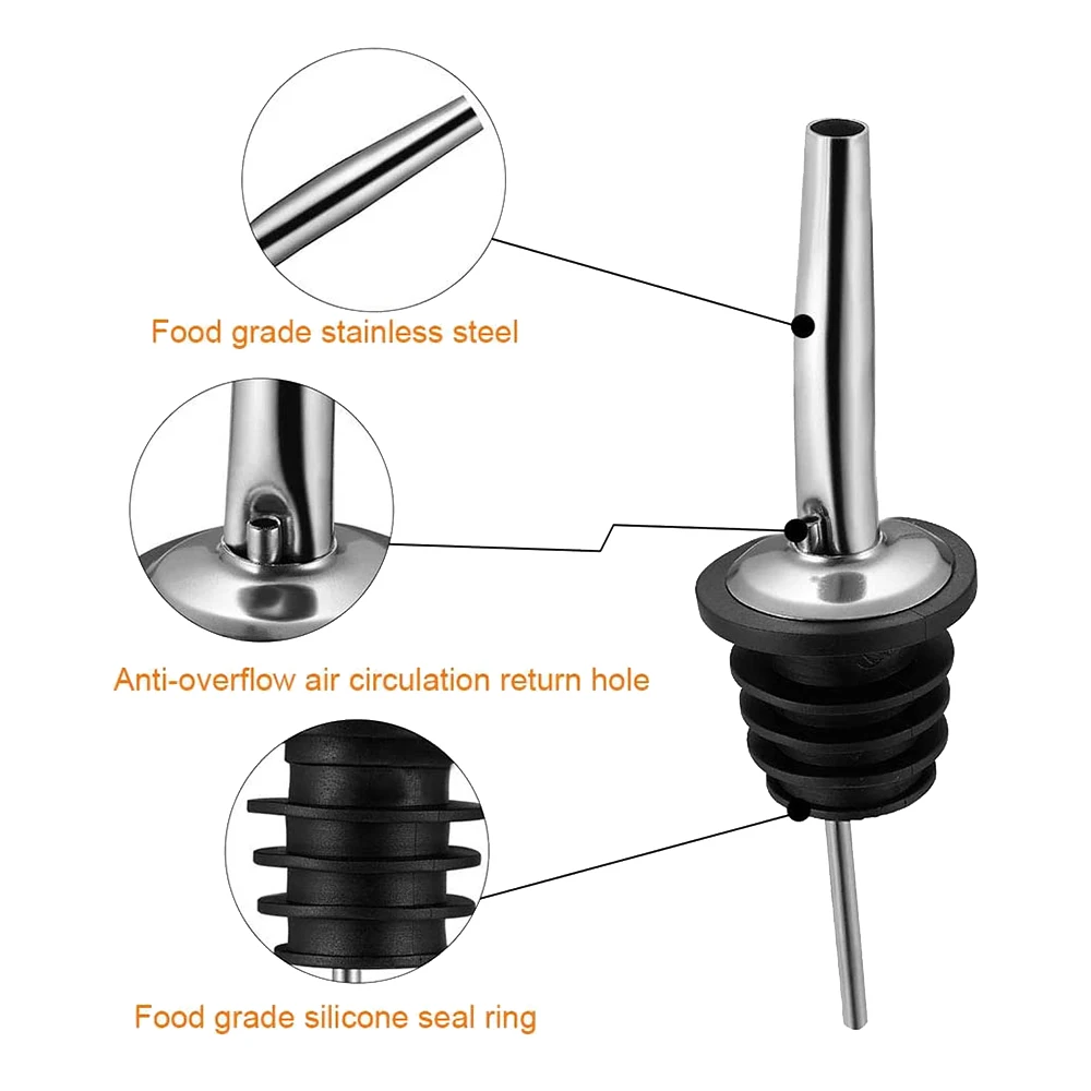 6 ชิ้นสแตนเลส Pourers, ความเร็ว Pourer, ขวดเหล้า Pourers และน้ําส้มสายชูเรียว Stopper Spout, พร้อมหมวกฝุ่นปิดผนึก