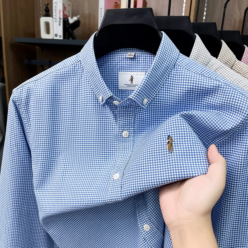 Designer Brand 100% Cotton Long Sleeve Shirt Men's New High-End Pony Embroidered Fashion Plaid Luxury Comfort Casual Golf Top