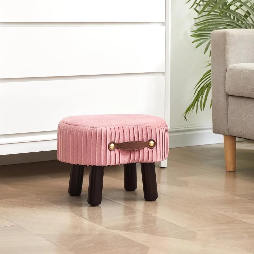 Small Footstool with Handle, Velvet Ottoman Foot Rest with Padded Seat, Curved Foot Stool with Wooden Legs, Portable Foot Rest f