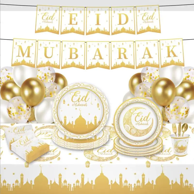 Gold Ramadan Mond Schloss Muster Pappteller Servietten Banner Strohhalme Set Geschirr Happy Eid al-Fitr Dinner Party DIY liefert