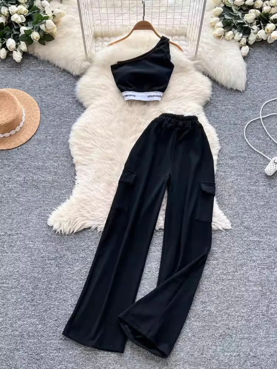 Foamlina Sportswear 2-teiliges Set für Damen, Sommer, asymmetrische Schulter, Neckholder, geraffte Taille, kurze Weste + Hose mit hoher Taille und weitem Bein