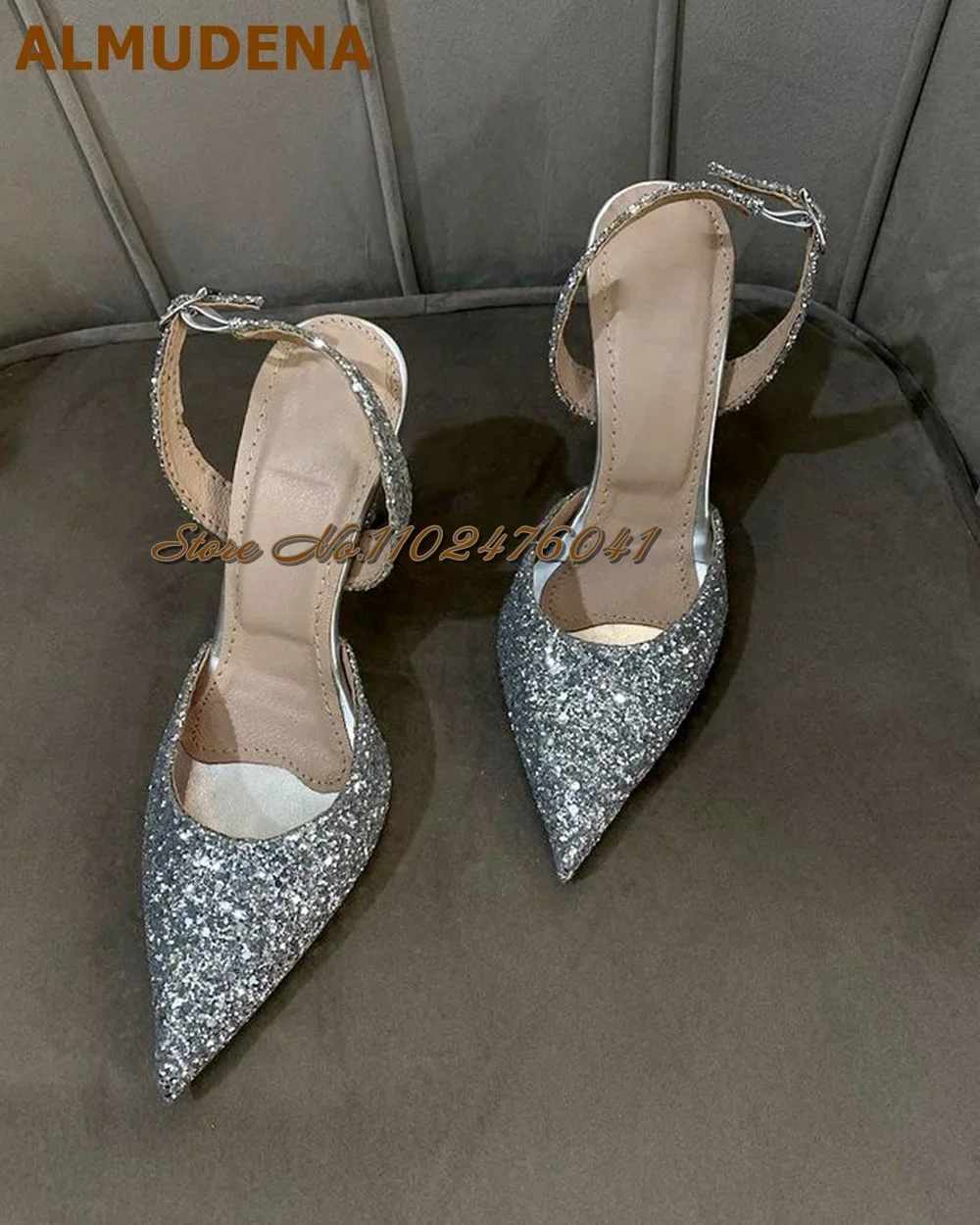ALMUDENA Green Satin Fabric Slingback Banquet Shoes Red Silver Bling Bling Sequined Wedding Shoes Buckle Strap Shallow Pumps