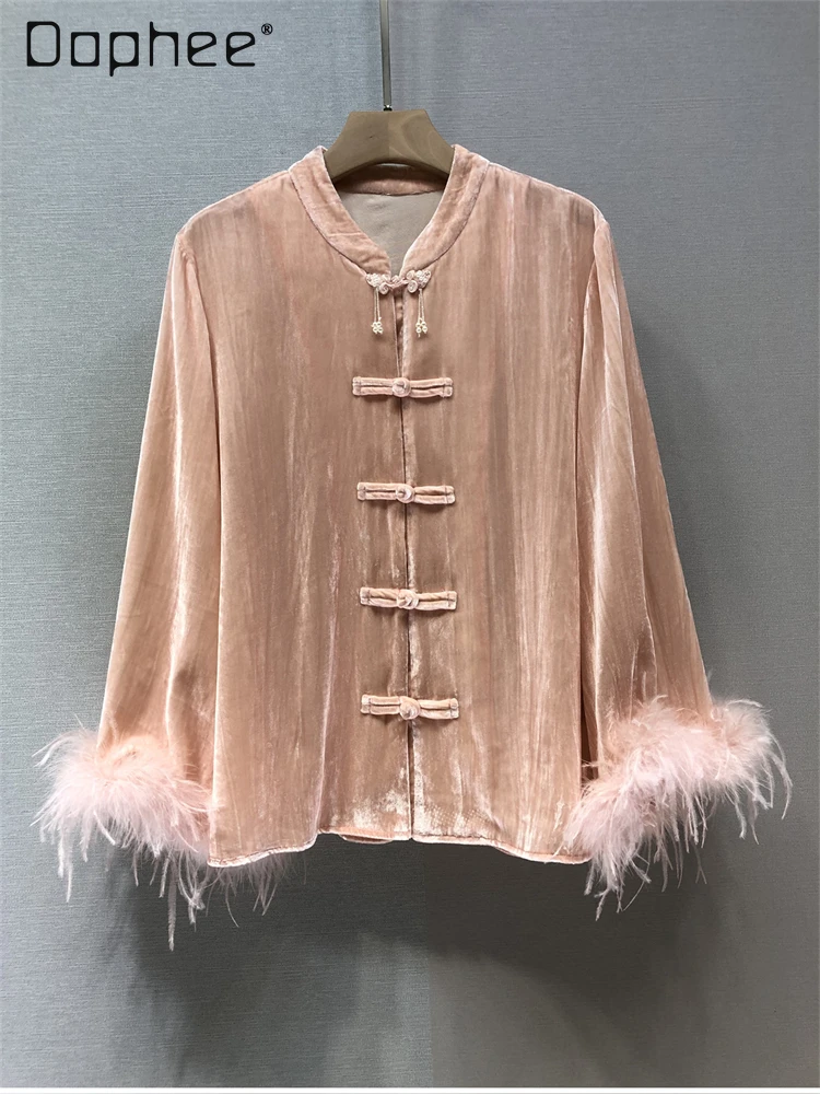 Ostrich Hair New Chinese Style Velvet Blouse for Women Spring and Autumn Detachable Long Sleeve Solid Color Loose Shirt