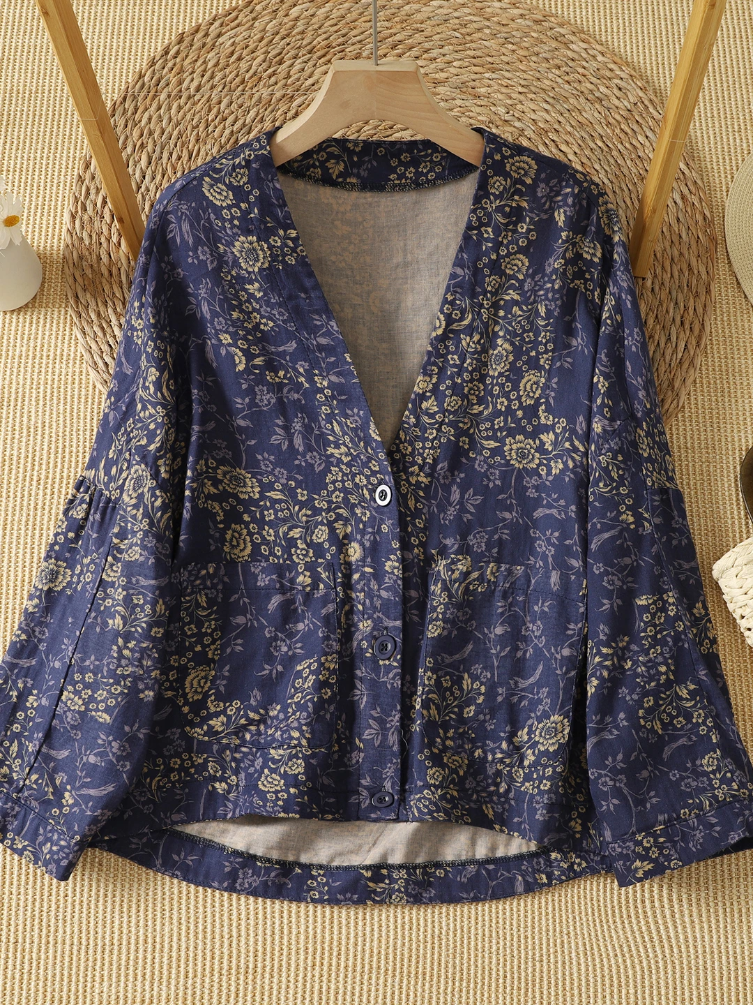Authentic Autumnal Vintage Ethnic Print Jacket Loose with Large Pockets Short Cotton Linen Top Women's Fashion Short Coat