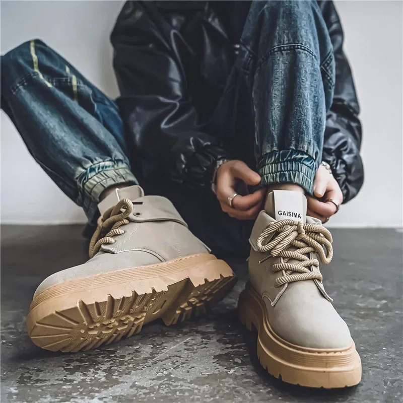 

Frosted Mid-top Boots for Men, Large Size, Low Heel, Casual Solid Color, Durable, New High-quality Lace-up Outdoor Boots