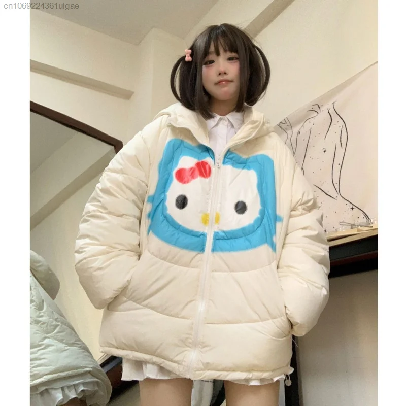 Sanurgente Hello Kitty-Veste rembourrée à capuche pour femme, vêtements de dessin animé, manteau chaud, haut Y2K, style japonais, mignon, mode Harajuku, hiver, nouveau