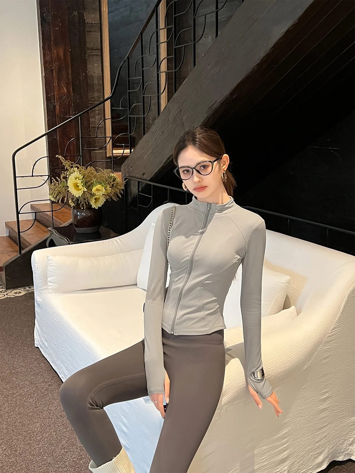 Women's Sport Jacket Autumn Winter Fleece Lined Slim Fit Short Sleeve Long Zipper round Neck Yoga Fitness Wear Commute Style