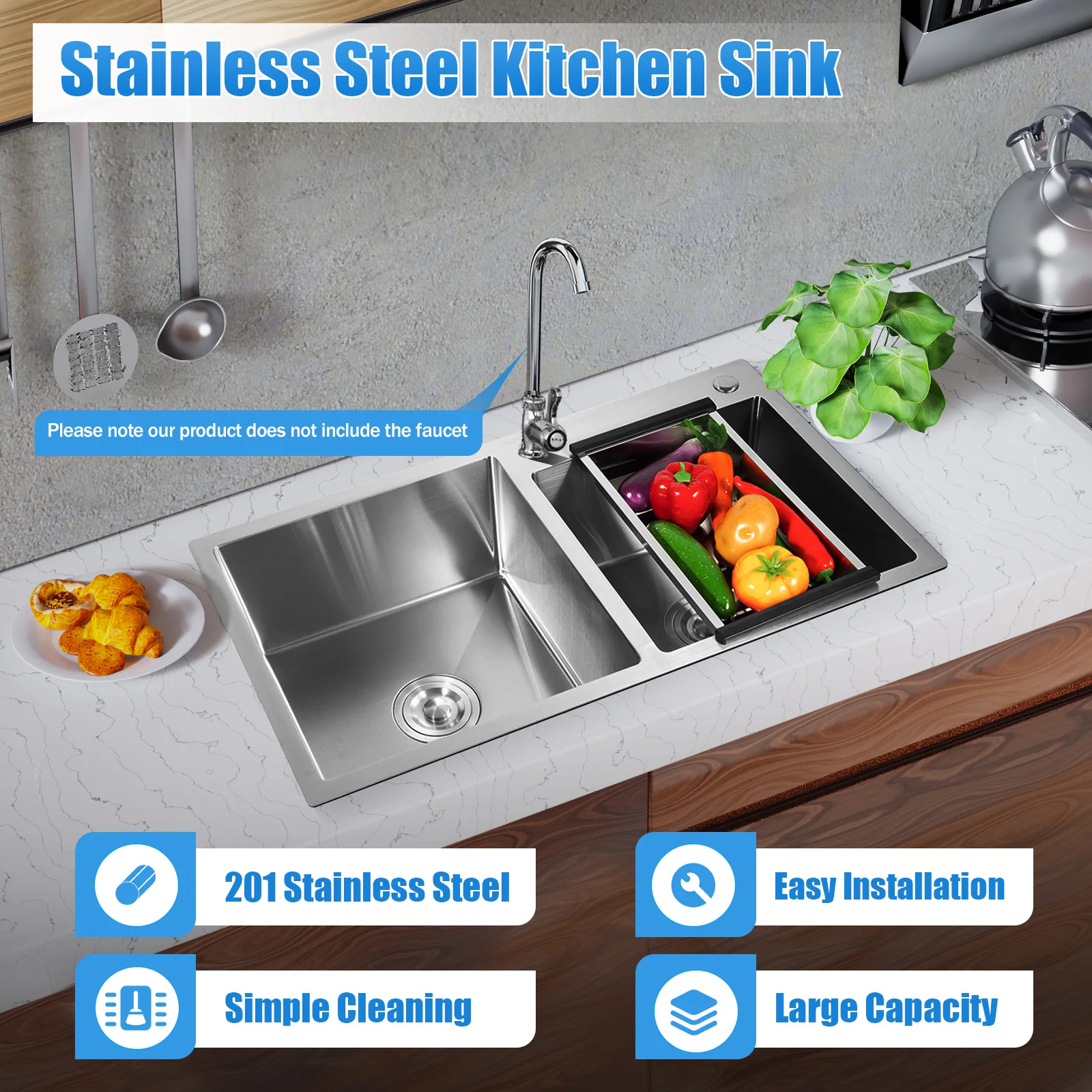 Stainless Steel Kitchen Sink  Above Counter Under Mounter Single Bowel Wash Basin With Gourmet Faucet Drain Accessories