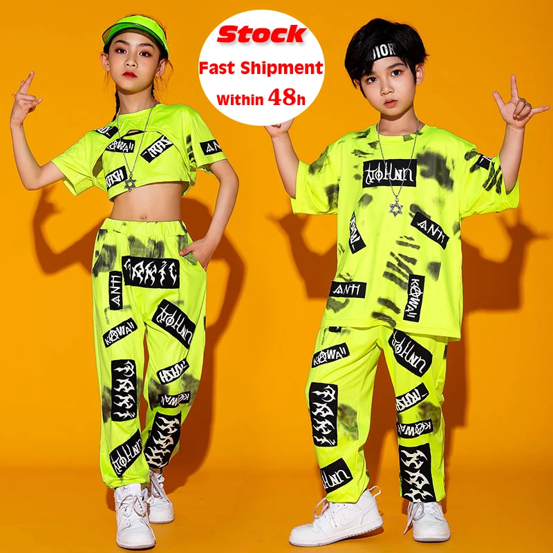 

Kids Hip Hop Clothing Fluorescent Green Outfits Girls Jazz Dance Costume Boys Street Dance Performance Stage Wear