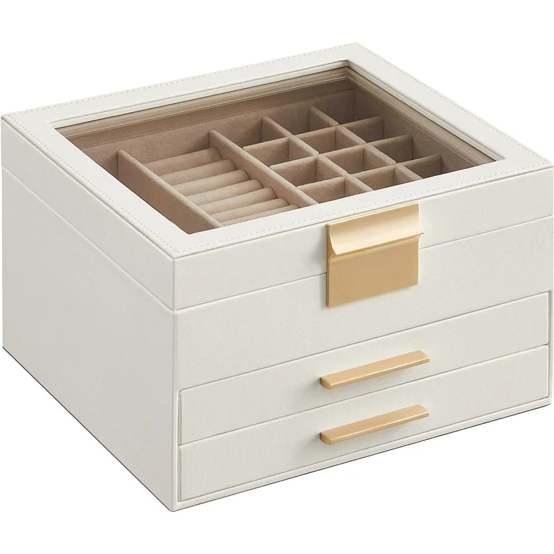 

Glass-Lid Jewelry Box: 3-Tier Organizer with 2 Drawers, Gold-Trimmed Cloud White, Ideal for All Sizes of Jewels