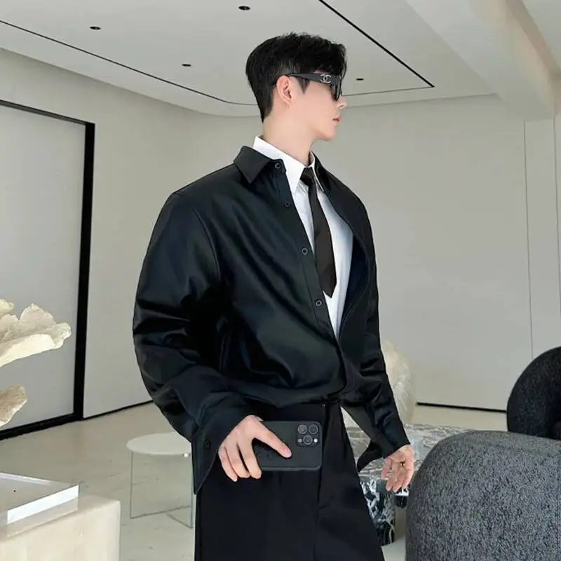 Motorcycle PU Shirt Men's Wear Solid Color Niche Design Loose Suit Collar Imitation Leather Shirts Male Streetwear NMG78