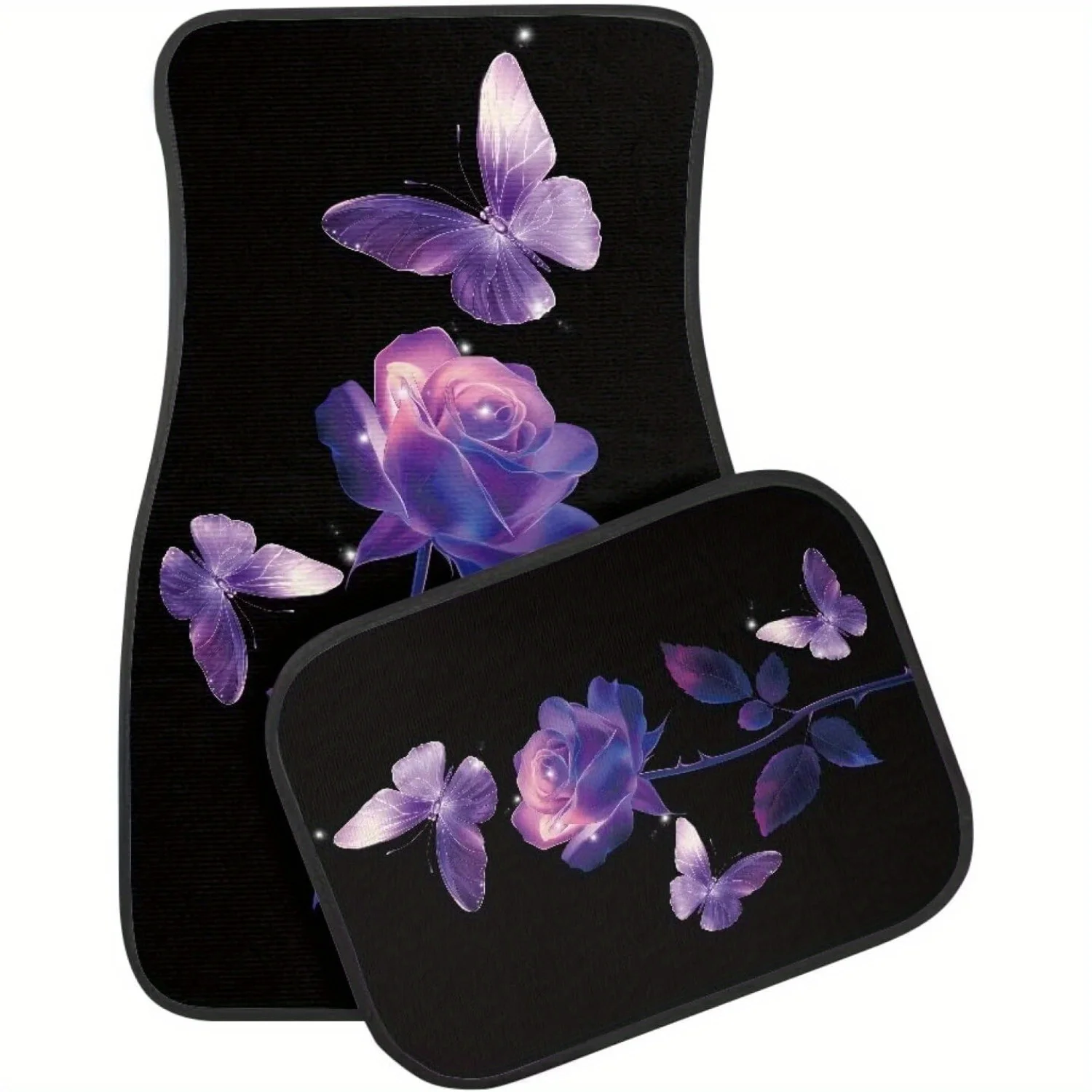 Purple Butterfly Rose Car Floor Mat Full Set 4pcs Floor Mats Rubber Backing Anti-Slip Universal Fit SUV Truck Vehicles All Weath
