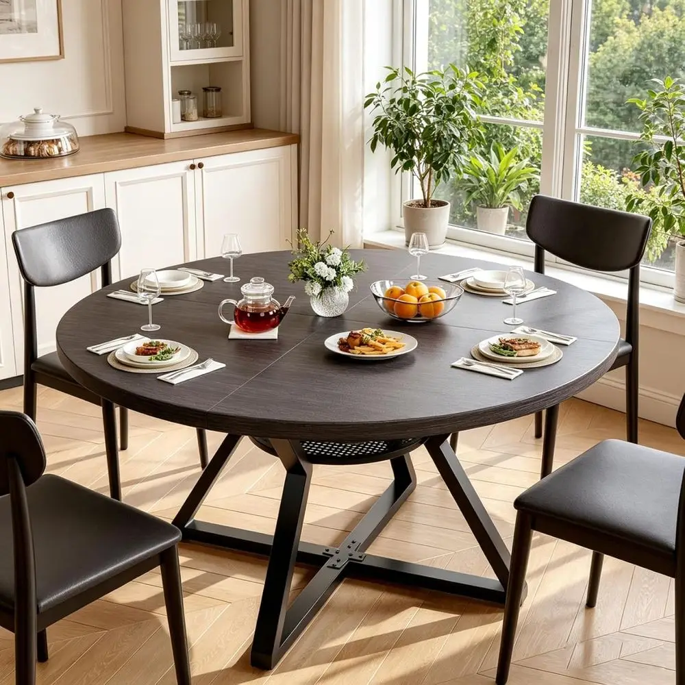 

47 Round Pedestal Dining Table, Space-Saving Design for 4-6 People, Coffee Gray Wood Kitchen Furniture