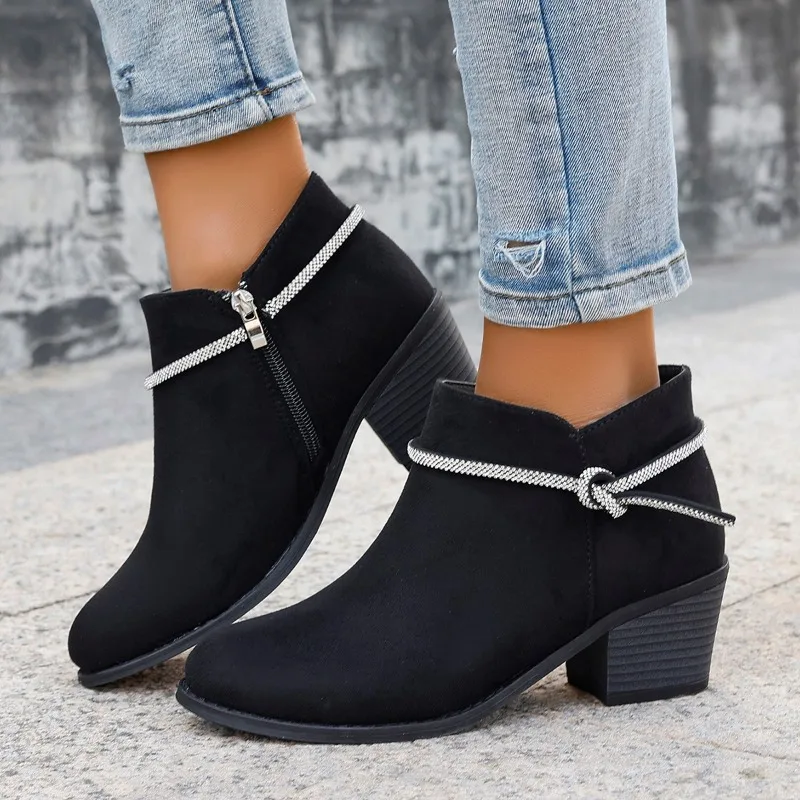 Women's Chunky Single Boots Autumn New Pointed Head Cattle Suede Side Zipper Rhinestone Anti-slip Wear-resistant Short Boots