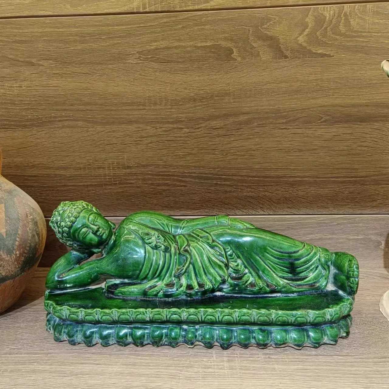 Antique Old Tang Sancai green glazed pottery sleeping Buddha statue; Buddha ornaments