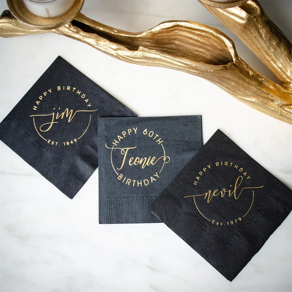 50PCS Black and Gold Foil Birthday Party Napkins, Birthday Cocktail Napkins, Milestone Birthday Party Napkins,