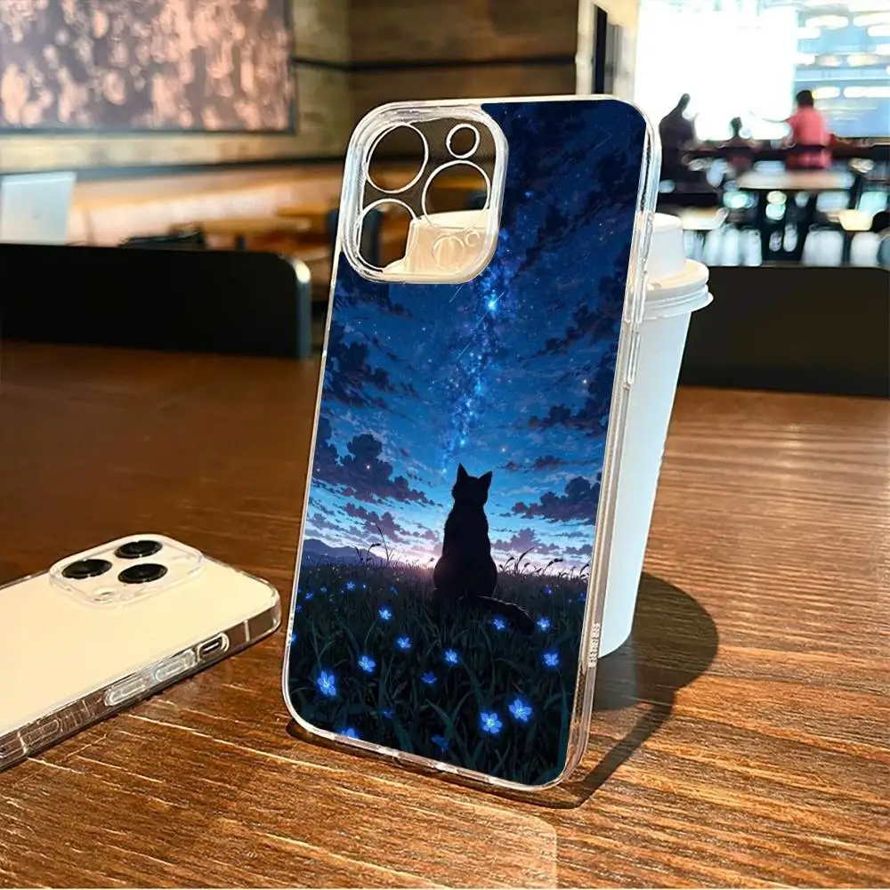 حافظة هاتف قطة تنظر إلى النجوم في السماء الليلية لهاتف آيفون 17,16,15,14,13,12,11 Plus,Pro Max غطاء شفاف ناعم #6