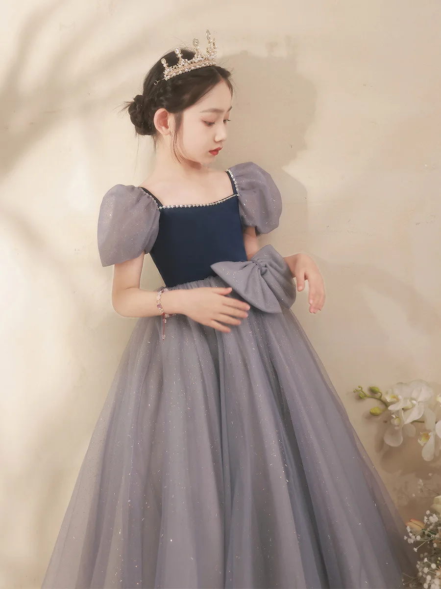 Girls Tulle Formal Dress Fashion Luxury Bowknot Square Neck Pearl Bubble Sleeves Princess Dresses Birthday Graduation Ball Gowns