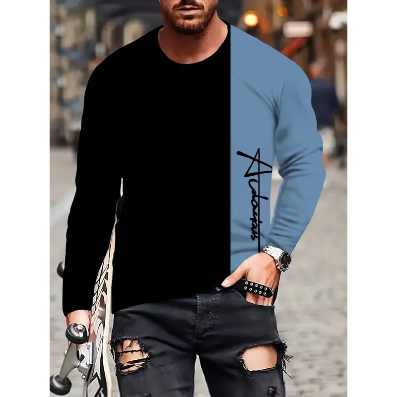 3D Printed Casual Long Sleeve Sports Men's T-Shirt Lightweight Two-color Splicing Streetwear 2026 Fashion Top