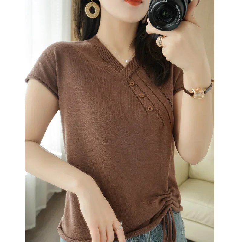 

Loose Casual Knitted T-Shirt Women's Korean Style Button Drawstring Cotton Short Sleeve V-Neck Ultra-Short Length Top