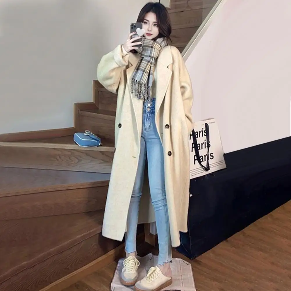 

Women's Woolen Lapel Jacket Long Sleeve Coat with Front Pockets Casual Outerwear Female Overcoat for Autumn Winter Daily Wear