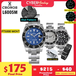 Cronos Sub Diver Men Watch Stainless Steel PT5000 Ceramic Bezel 200 meters Water Resistant Glideclasp L6005M Dial Patterm