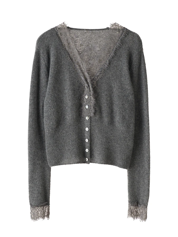 ADDONEE Women's 100% Cashmere Sweater Lace Design Cardigan Autumn Winter Office Lady Grace Cashmere Knitwear