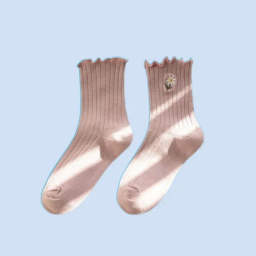 Chaussettes Empilées en Coton et Dentelle Douce pour Femme, Petites Fleurs Brodées, Bord d'Oreille en Bois, à la Mode, Nouvelle Collection Printemps, 5/10 Paires