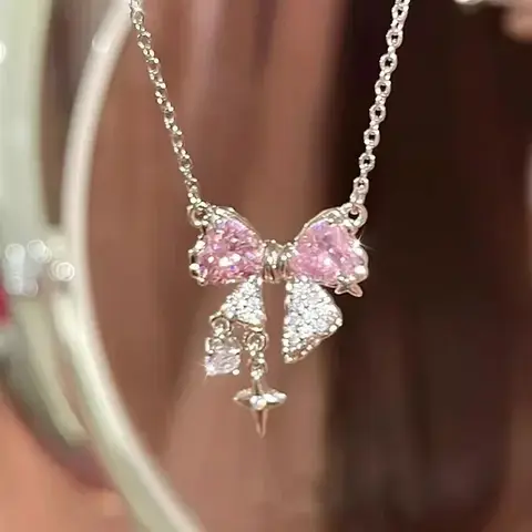 Y2K Crystal Bowknot Heart Pendant Necklace for Women Pink Heart Aesthetic Necklace Clavicle Chain 2023 Trendy Party Jewelry Gift