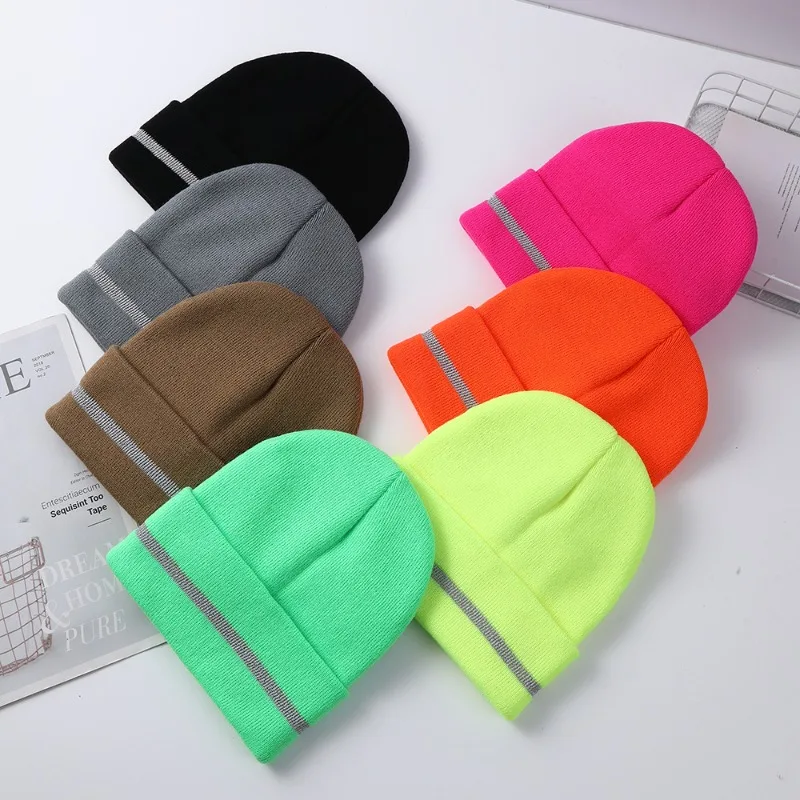 Reflective Strip Solid Color Knitted Hat Trendy Bright Fluorescent Outdoor Riding Patrol Protective Warm Knitted Hat Unisex