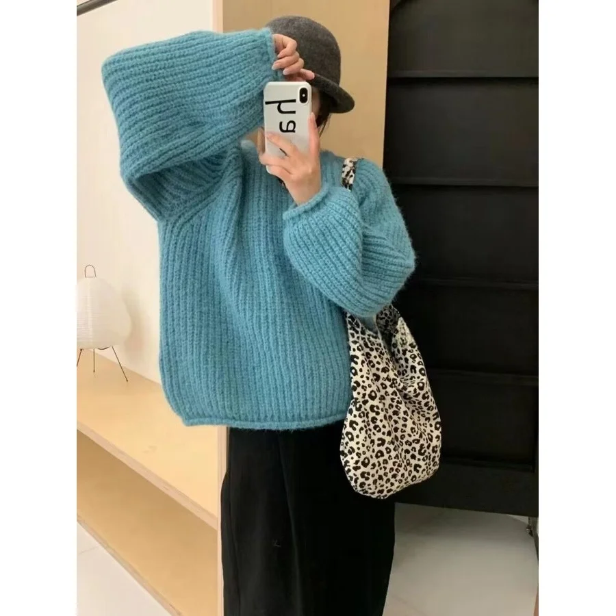 

Loose Fit Thiened Blue Knitted Sweater Women's Spring Autumn New Sle Korean Lazy Sle Outerwear Casual Comfortable Top