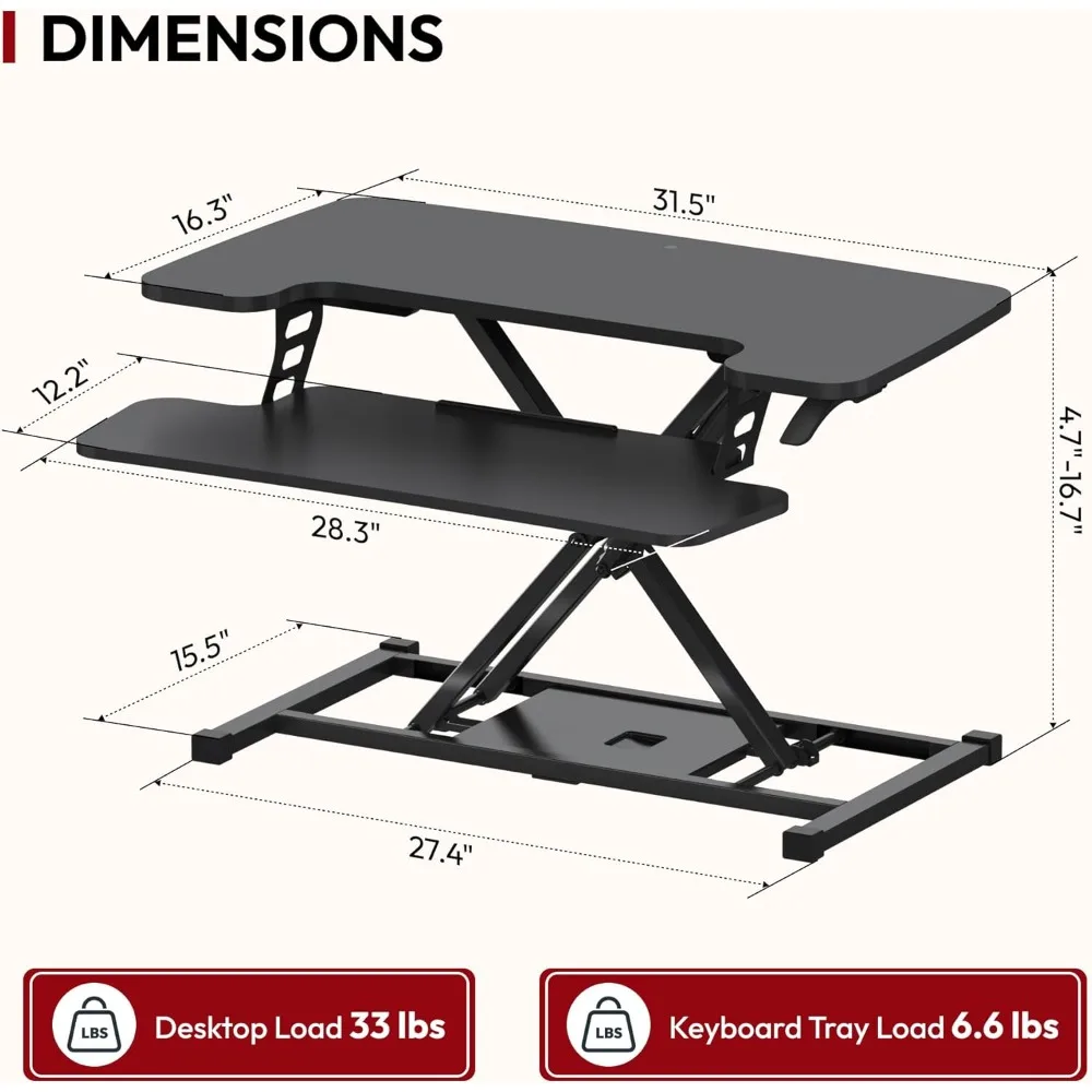 32" Height Adjustable Standing Desk Converter, Switch Sit to Stand Computer Office Riser with Wide Keyboard Tray, Black