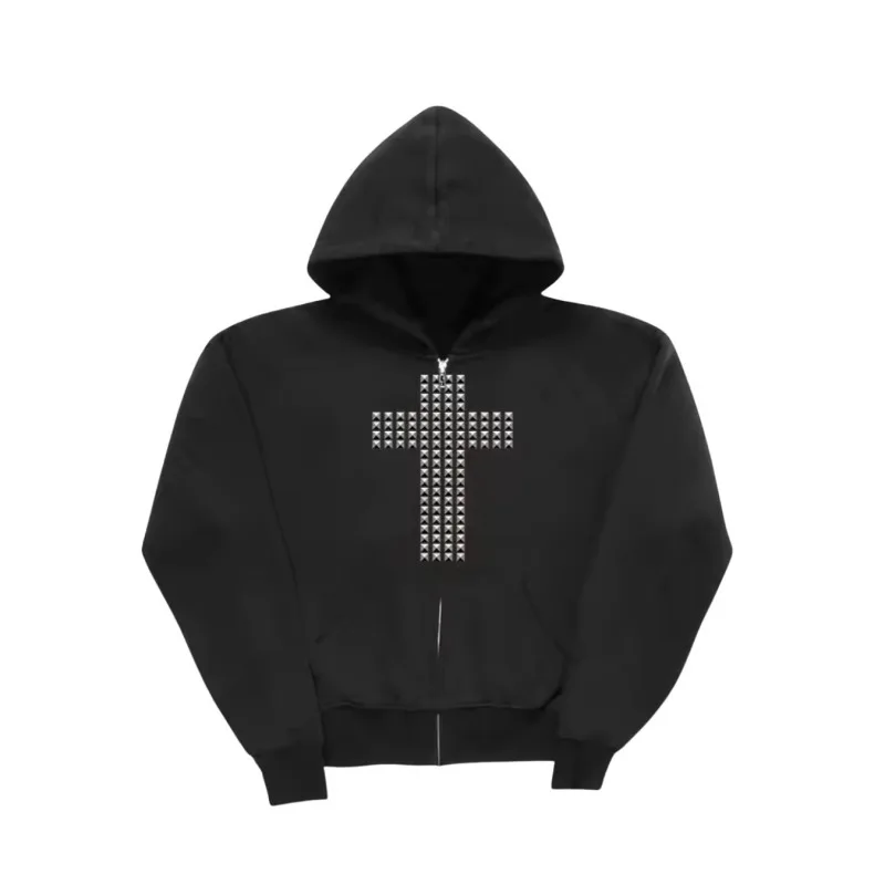 

European and American new Gothic street wear, dark cross hot stamping print hooded cardigan, niche hoodie jacket