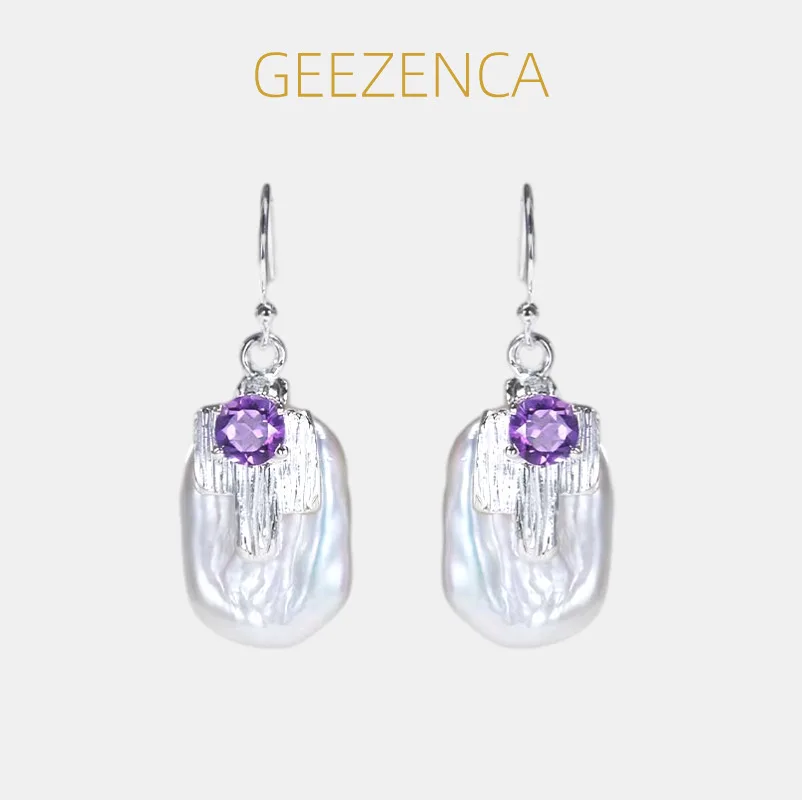 GEEZENCA 925 Silver Brushed Amethyst Baroque Pearl Dangle Drop Earrings Women Dainty Fashion Geometric Chunky Statement Earring
