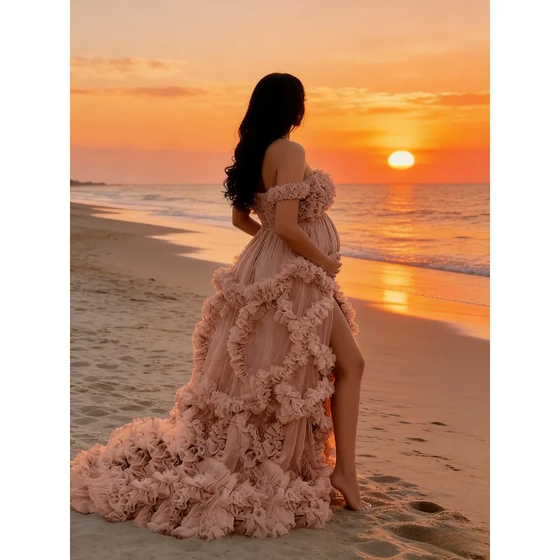 Elegant Off Shoulder Tulle Maternity Dress - Puffy Ruffles, Long Robe, Perfect for Photoshoot & Baby Shower