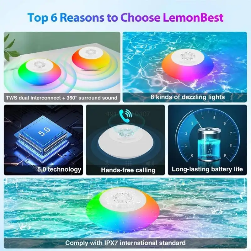 

G6DD Rechargeable LED Pool Speakers IPX7 Waterproof Floating Bluetooth-compatible