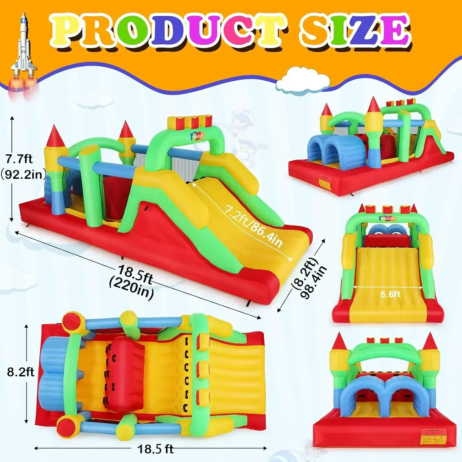 Rainbow Castle Inflatable Obstacle Bounce House With Dual Crawl Tunnels Kids Outdoor Backyard Party Blow Up Play Castle