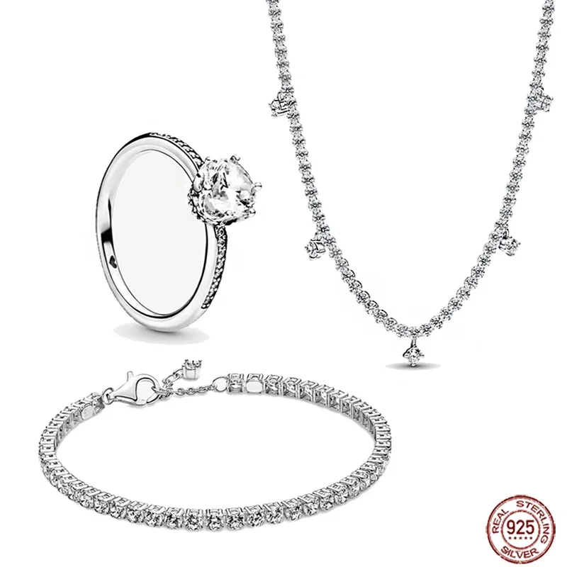 

Классическое кольцо из стерлингового серебра 925 пробы со сверкающим бриллиантом, ожерелье, браслет, комплект из трех предметов для женщин, роскошный подарок на день рождения своими руками