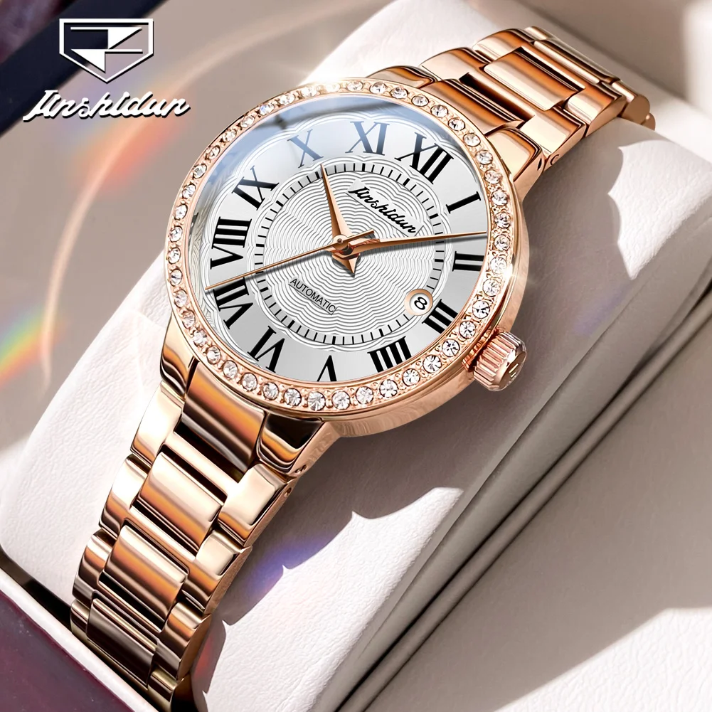 JSDUN Automatic Mechanical Watch for Women Rose Gold Steel Strap Classic Retro Roman Numerals Dial Waterproof Women's Wristwatch