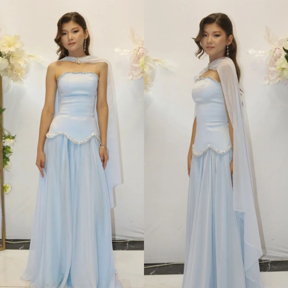 

High Quality Customized Floor Length Backless Blue Beaded Vestidos Para Bodas Mujer Invitada Party Dresses فساتين حفلات التخرج