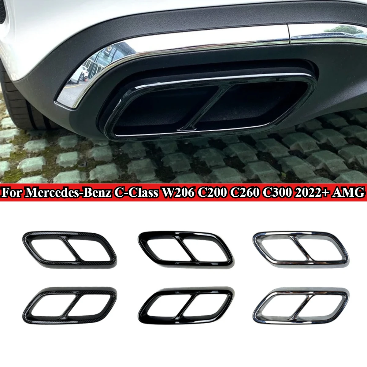 

For Mercedes-Benz C-Class W206 C200 C260 C300 2022+ AMG Car Tail Throat Exhaust Pipe Muffler Tip Cover ABS Shiny Black Silver
