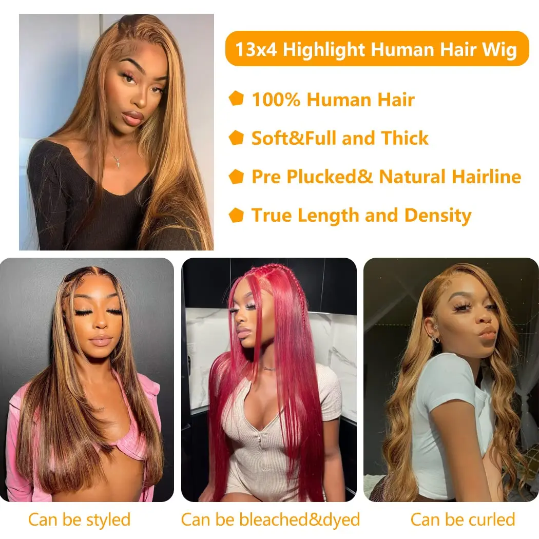 13x6 Highlight Lace Front Wig Парик из натуральных волос 30 40 дюймов Bone Прямой парик фронтальной части шнурка 200 Плотность Цветной предварительно выщипанный парик шнурка