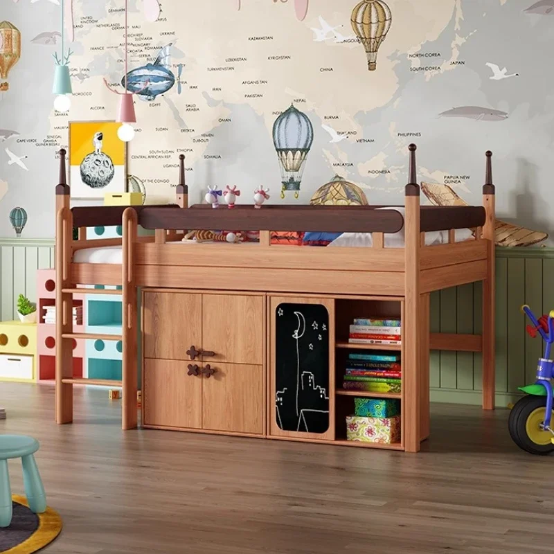 Semi-height bed children's with storage wardrobe bookcase integrated treehouse guardrail solid wood children's bed bunk bed