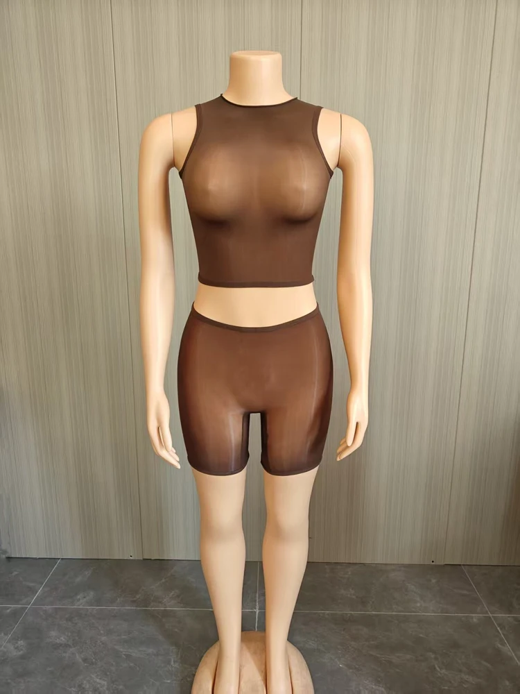Damen 2-teiliges Mesh-Outfit, ärmelloses, durchsichtiges Crop-Top + Shorts-Set, sexy, durchsichtige, ärmellose, figurbetonte Clubwear, passende Sets – Detail 3