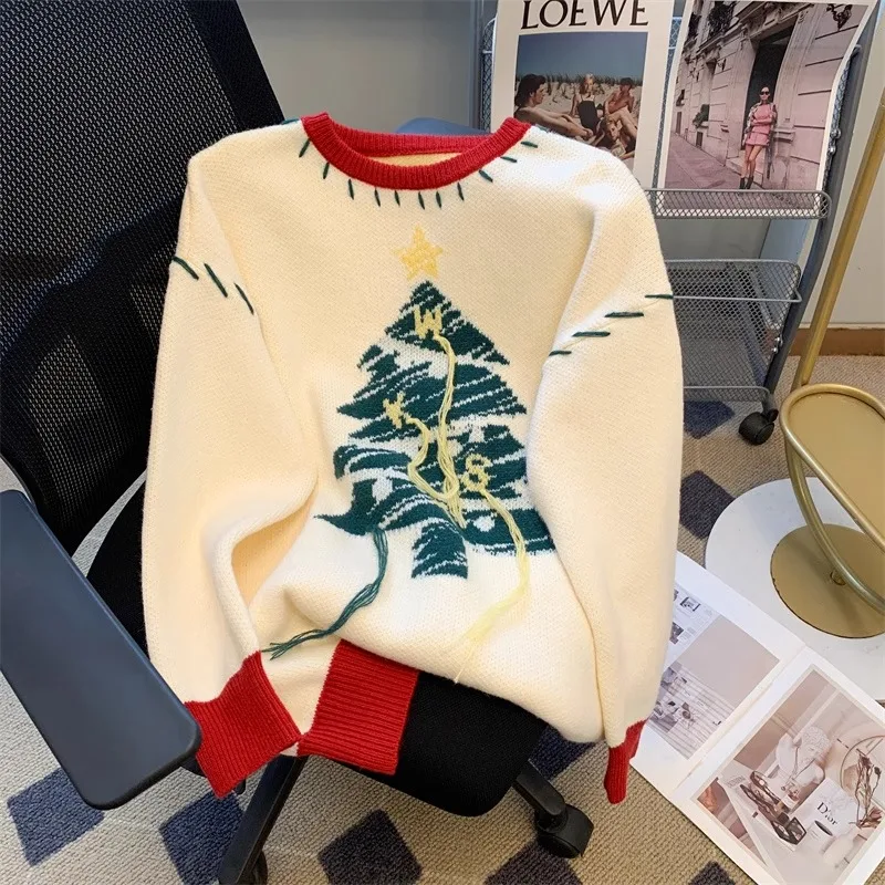 Christmas Tree Print Pink Knitted Sweater Women Winter New Korean Style Splicing Good-looking Pullover Personalized Sweet Tops
